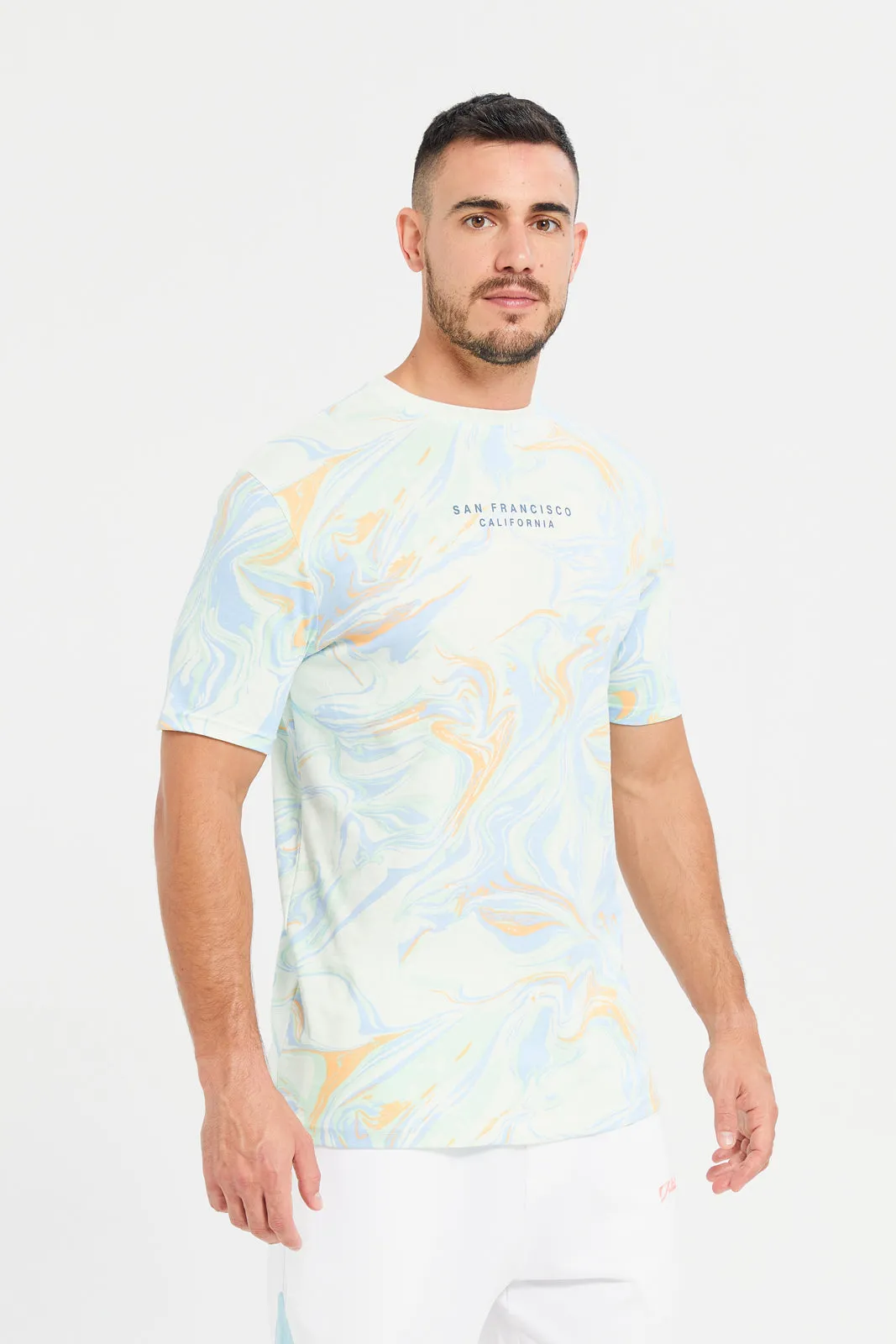 Men White Marble Print T-Shirt sold by Redtag