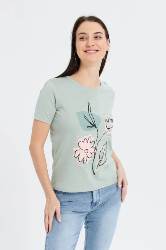Women Mint Floral Embellished T-Shirt sold by Redtag