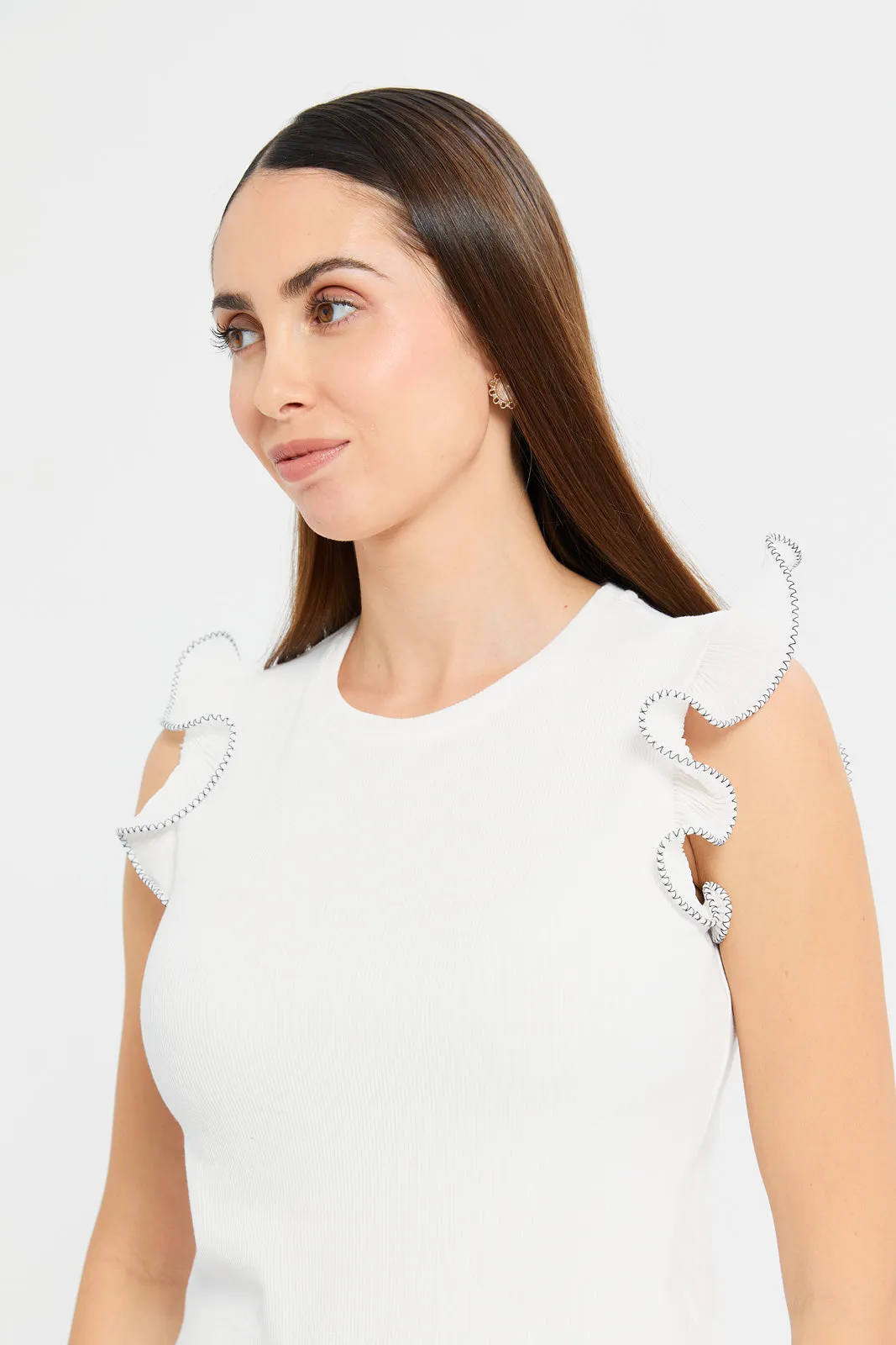 Women White Ruffle Detailed Jersey Top sold by Redtag product image thumbnail 4
