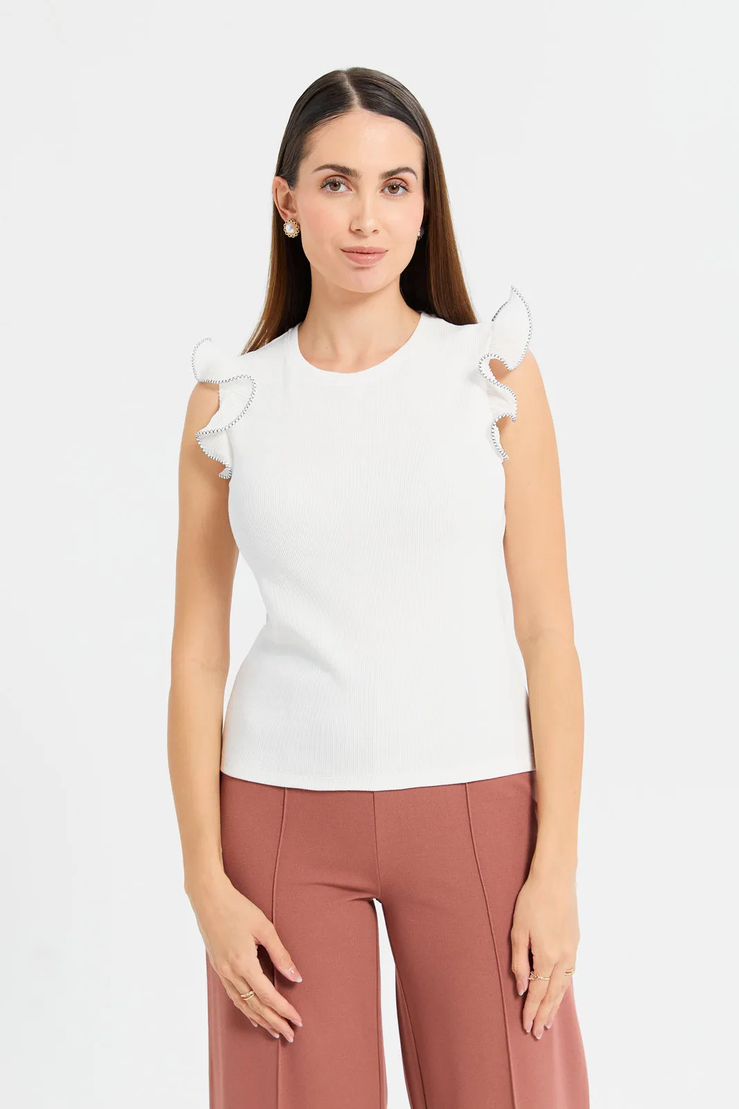 Women White Ruffle Detailed Jersey Top sold by Redtag