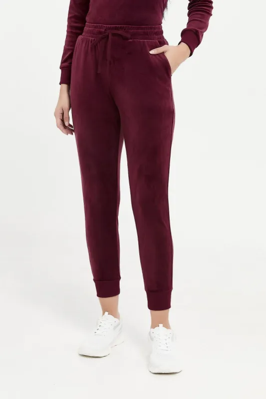 Women Burgundy Active Velour Jogger sold by Redtag