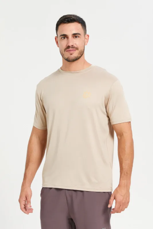 Men Beige Printed Short Sleeve Active T-Shirt sold by Redtag