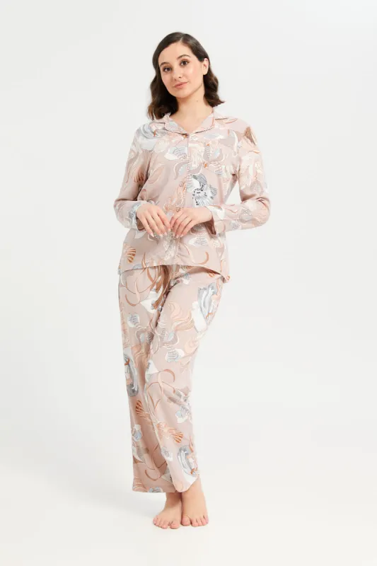 Women Beige Printed Collared Classic Pyjama Set (2 Piece) sold by Redtag