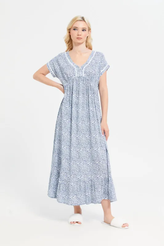 Women Blue Printed Short Sleeve Nightgown sold by Redtag