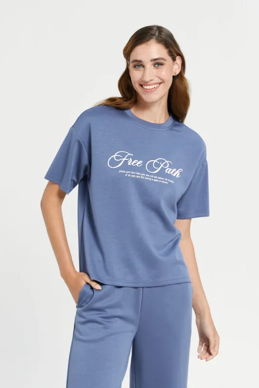 Blue High Neck Boxy Tee With Placement Print sold by Redtag