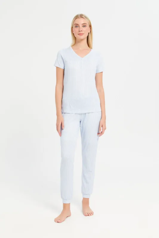 Women Blue Striped Pyjama Set (2 Piece) sold by Redtag