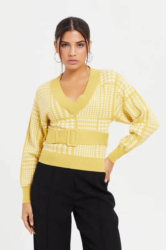 Women Yellow Knitted Belted Pullover sold by Redtag