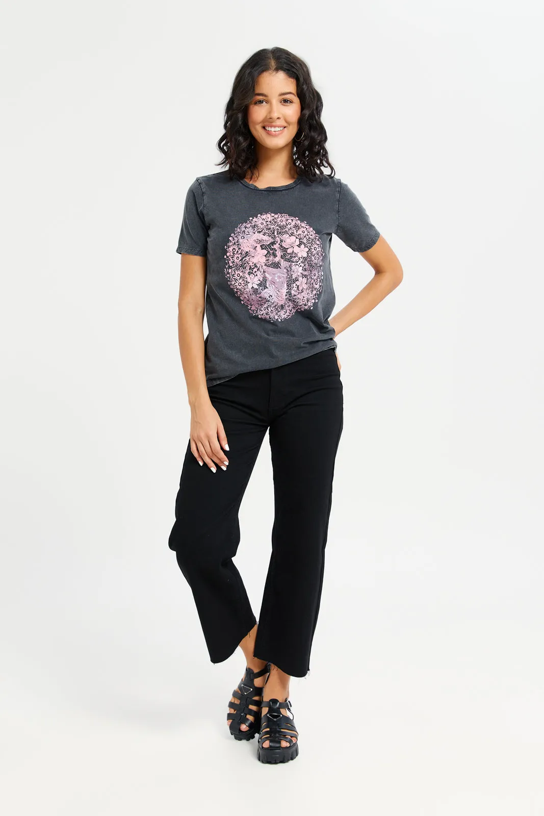 Women Charcoal Acid Wash Embellished Printed T-Shirt sold by Redtag product image thumbnail 2