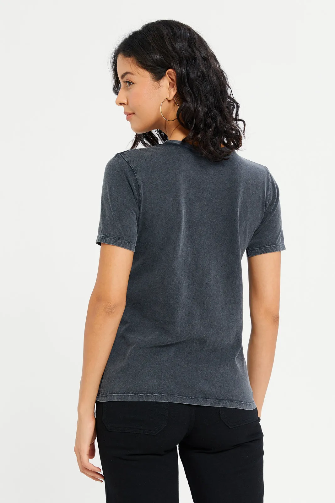 Women Charcoal Acid Wash Embellished Printed T-Shirt sold by Redtag product image thumbnail 3