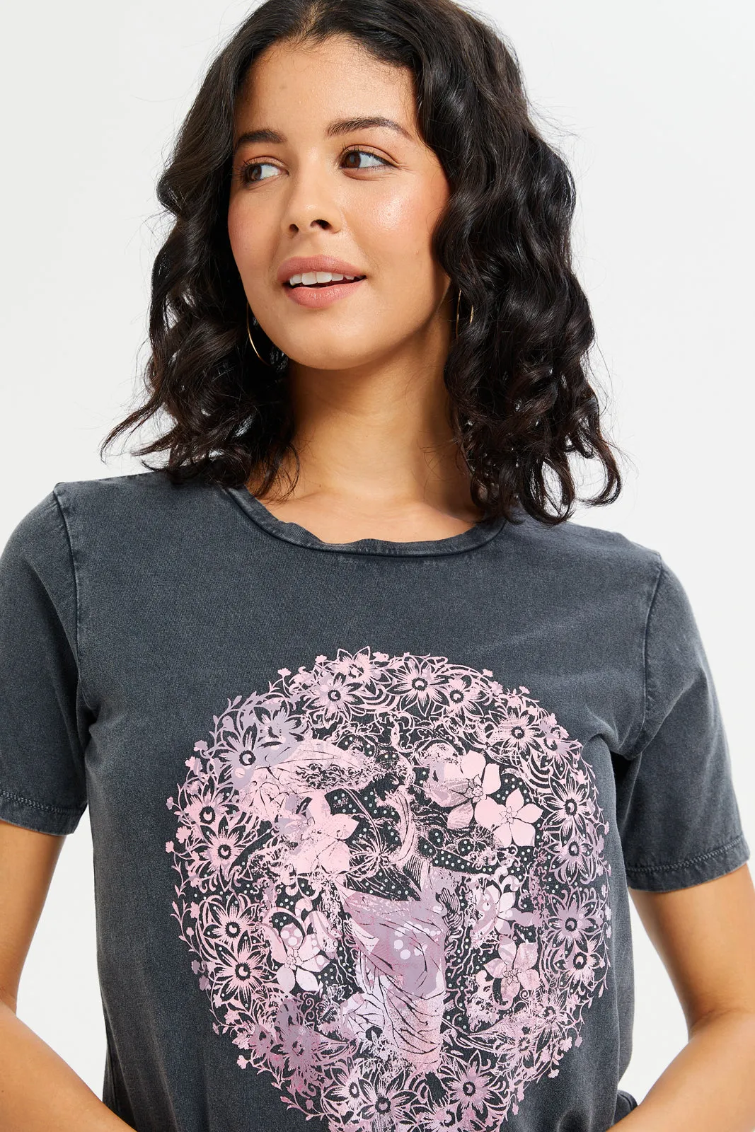Women Charcoal Acid Wash Embellished Printed T-Shirt sold by Redtag product image thumbnail 4