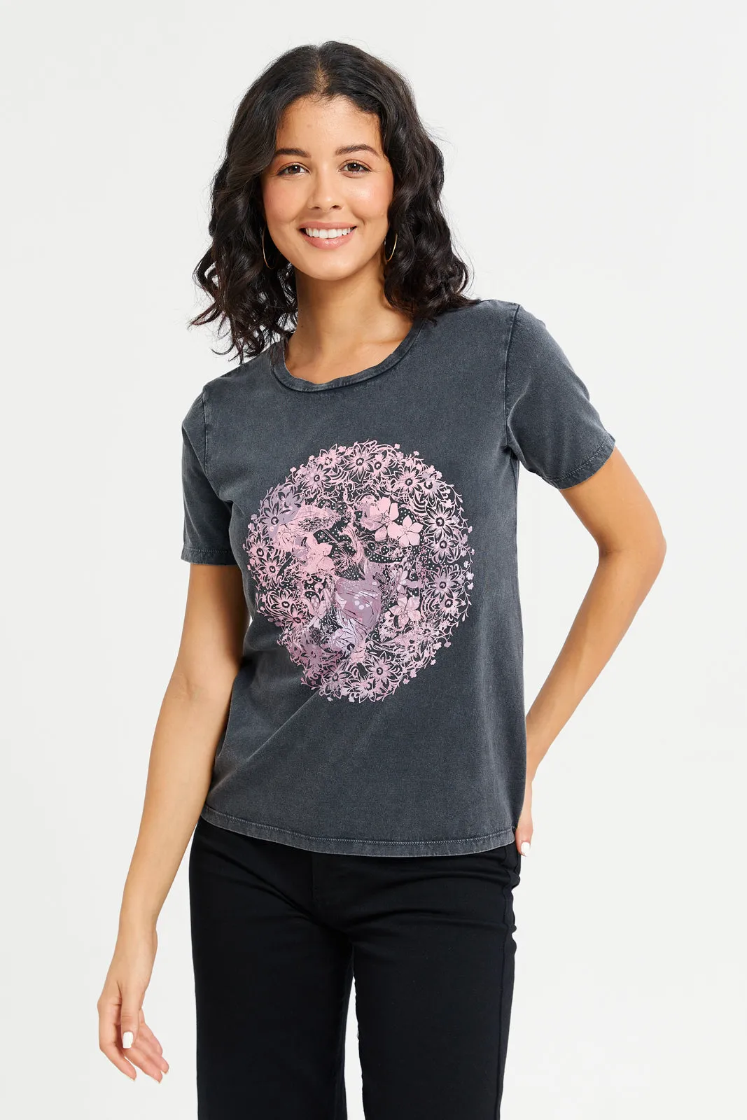 Women Charcoal Acid Wash Embellished Printed T-Shirt sold by Redtag