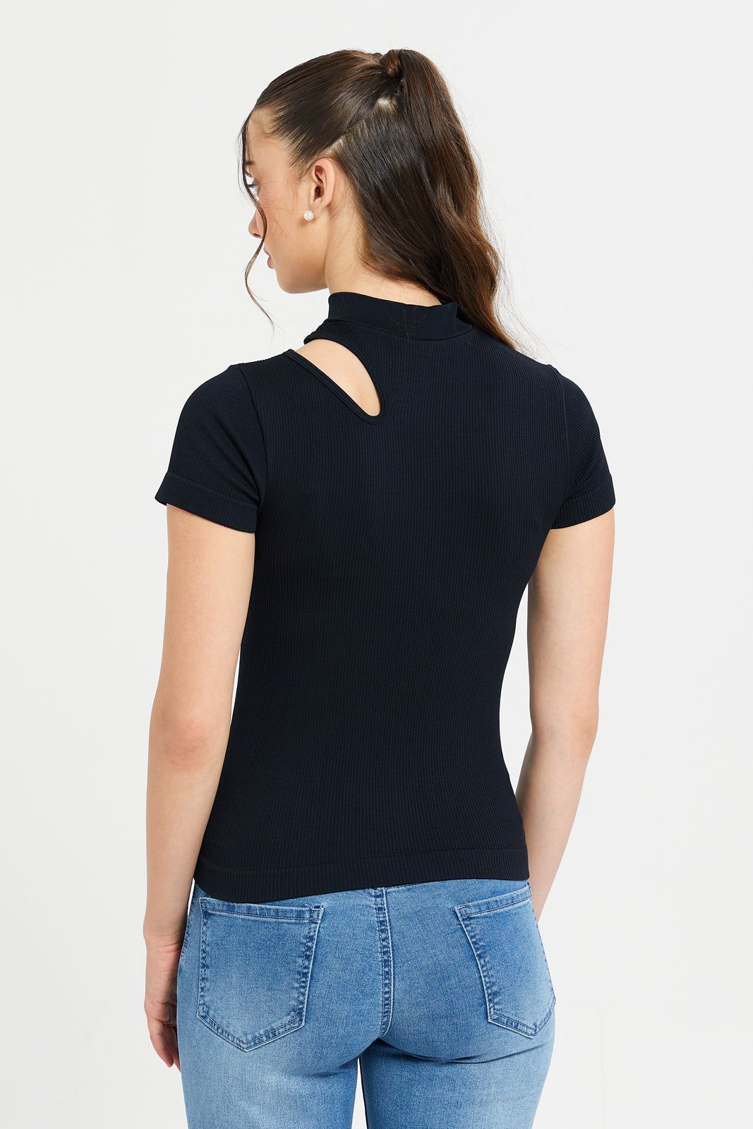 Women Black Ribbed Cut-Out Top sold by Redtag product image thumbnail 3