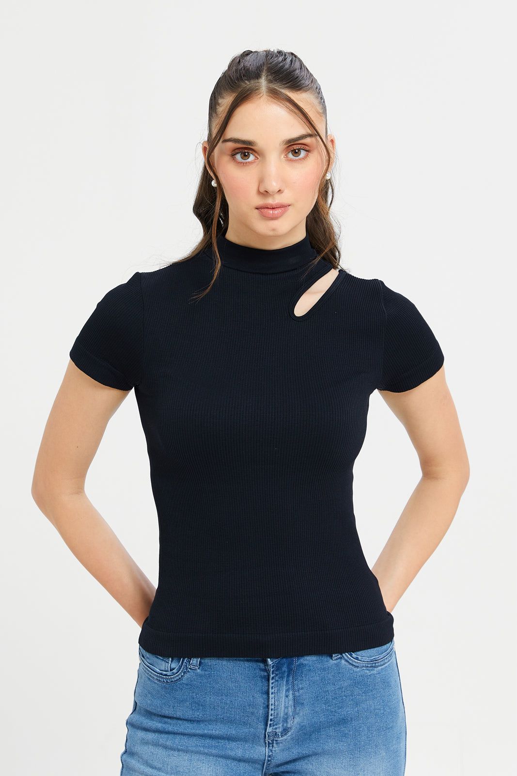 Women Black Ribbed Cut-Out Top sold by Redtag