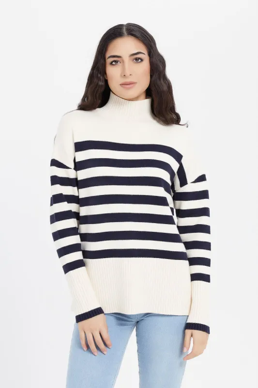 Women White And Black Striped Pullover sold by Redtag