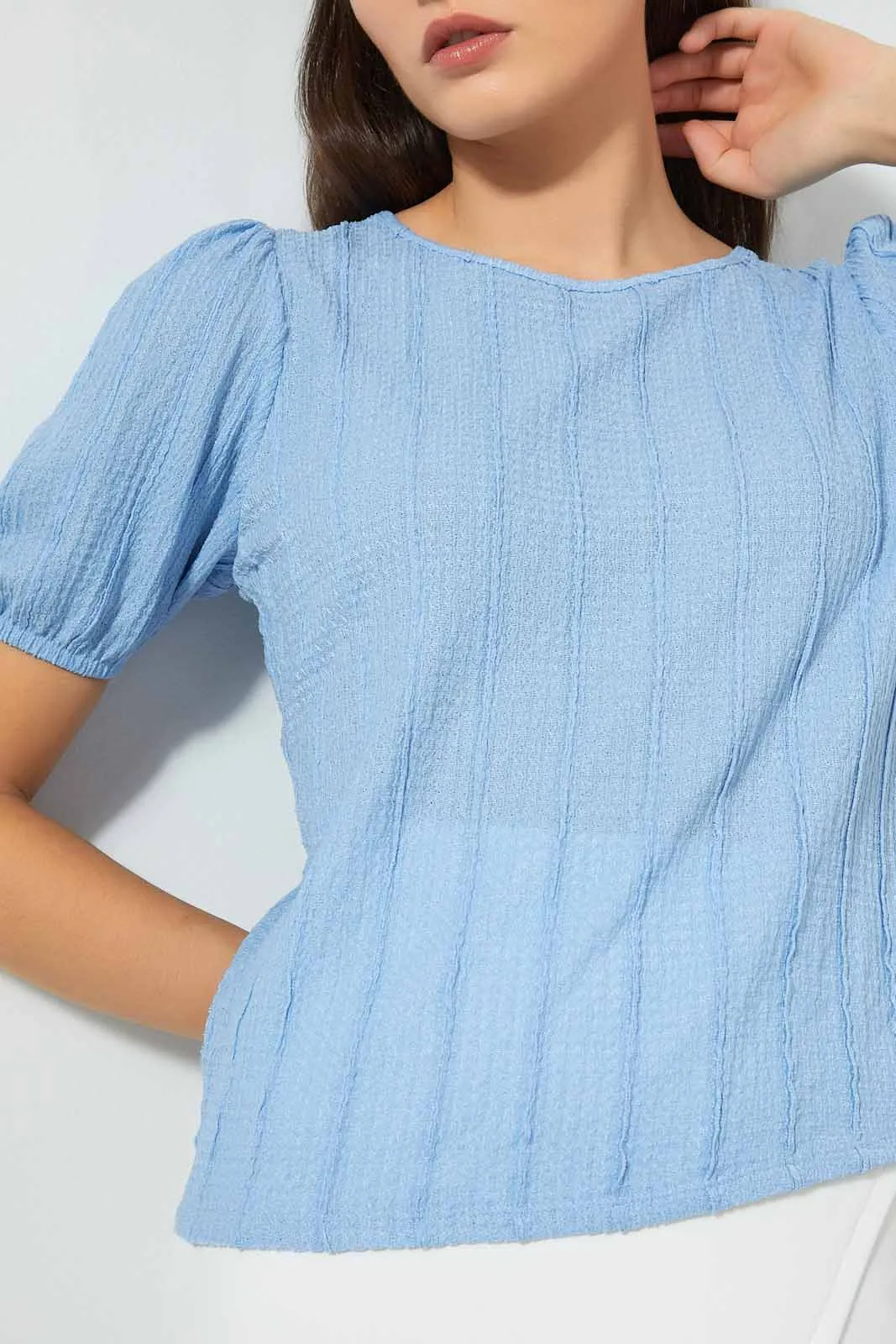 Blue Textured Top With Puff Sleeves sold by Redtag product image thumbnail 3