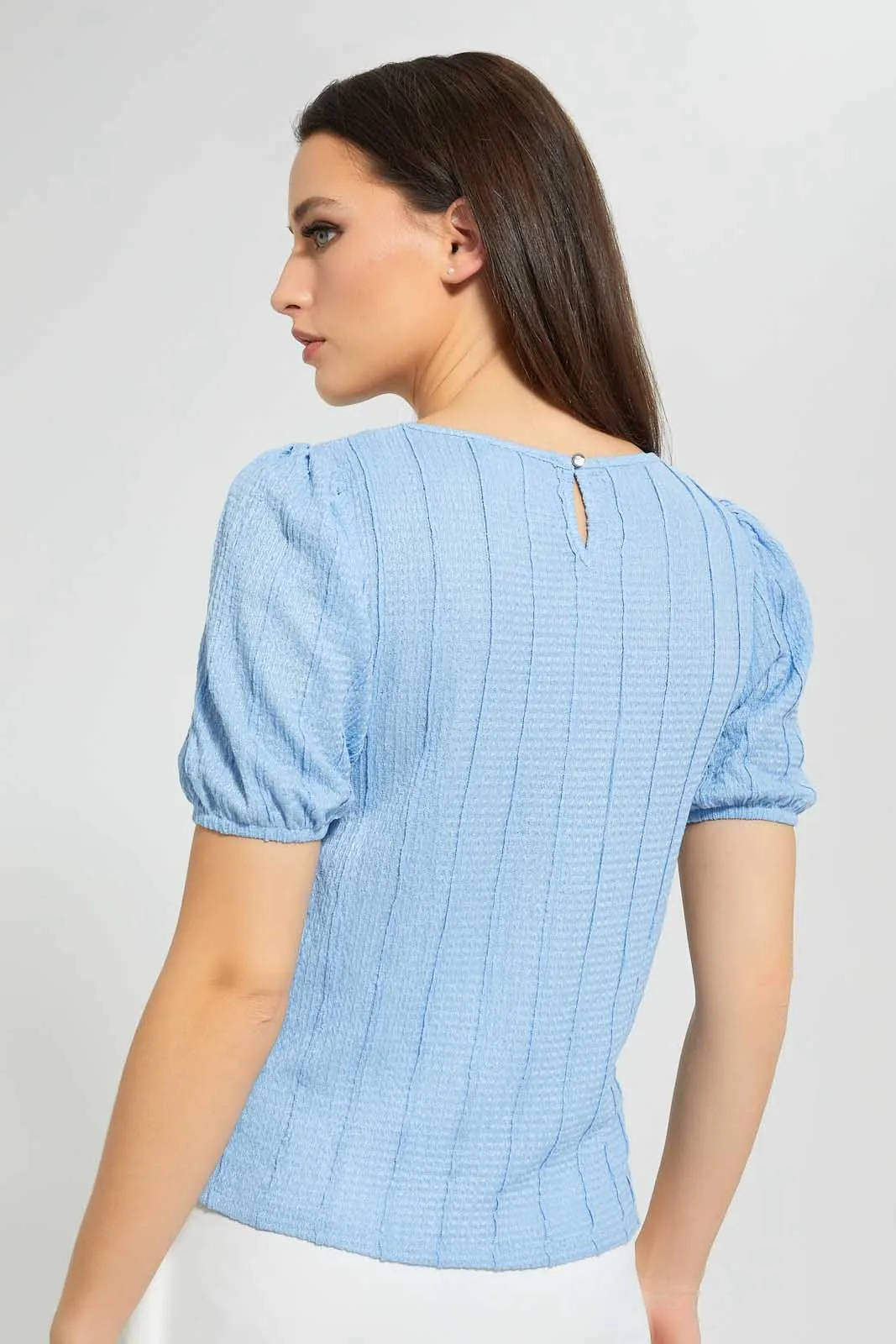 Blue Textured Top With Puff Sleeves sold by Redtag product image thumbnail 4