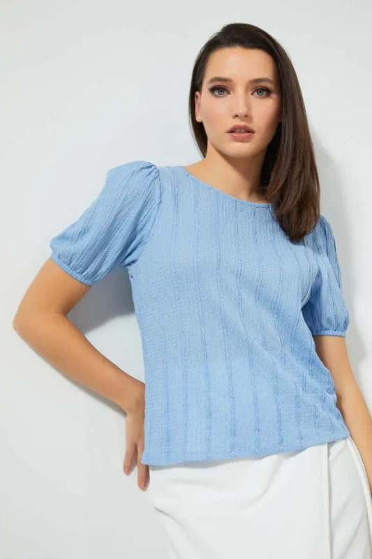 Blue Textured Top With Puff Sleeves sold by Redtag