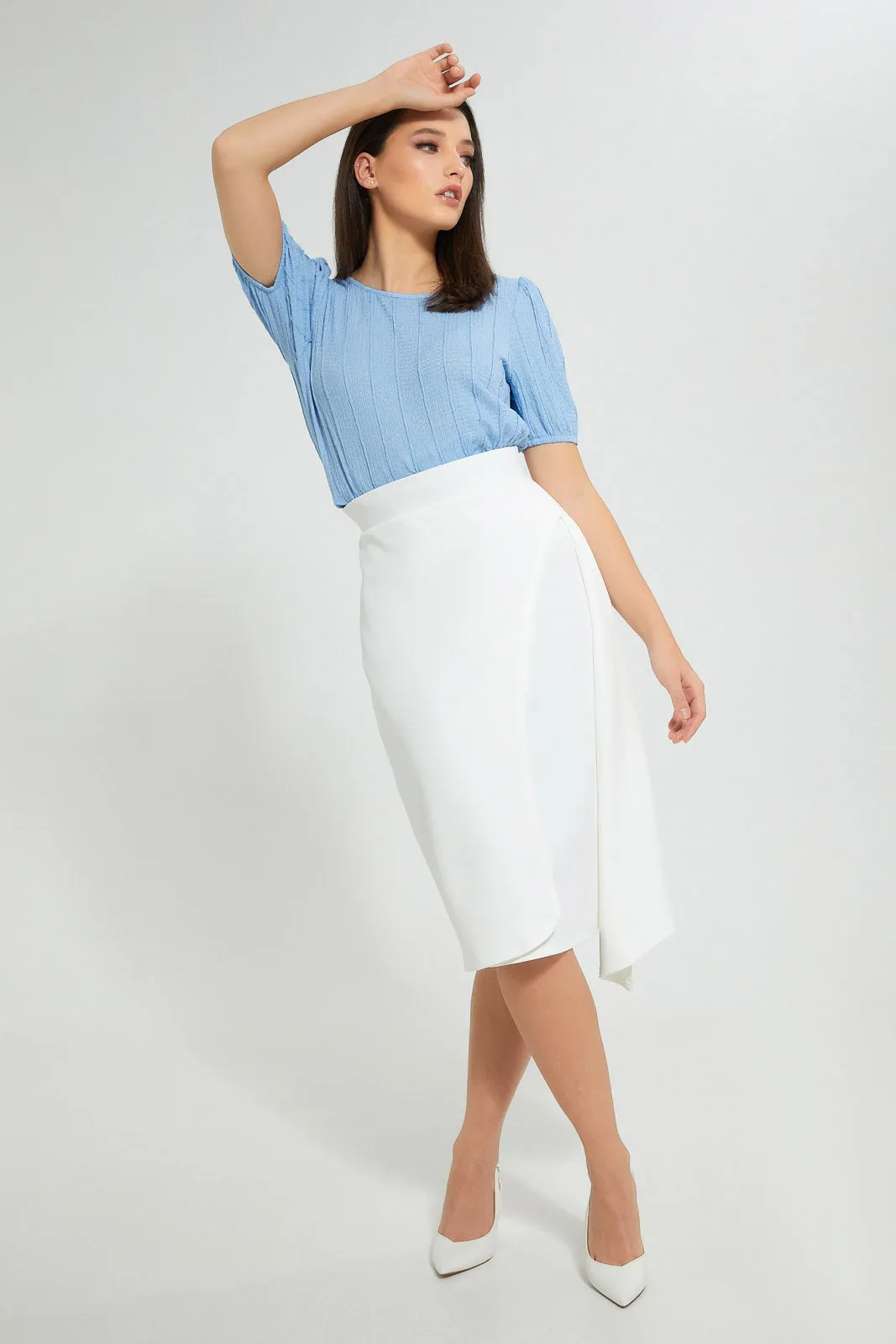 Blue Textured Top With Puff Sleeves sold by Redtag product image thumbnail 5