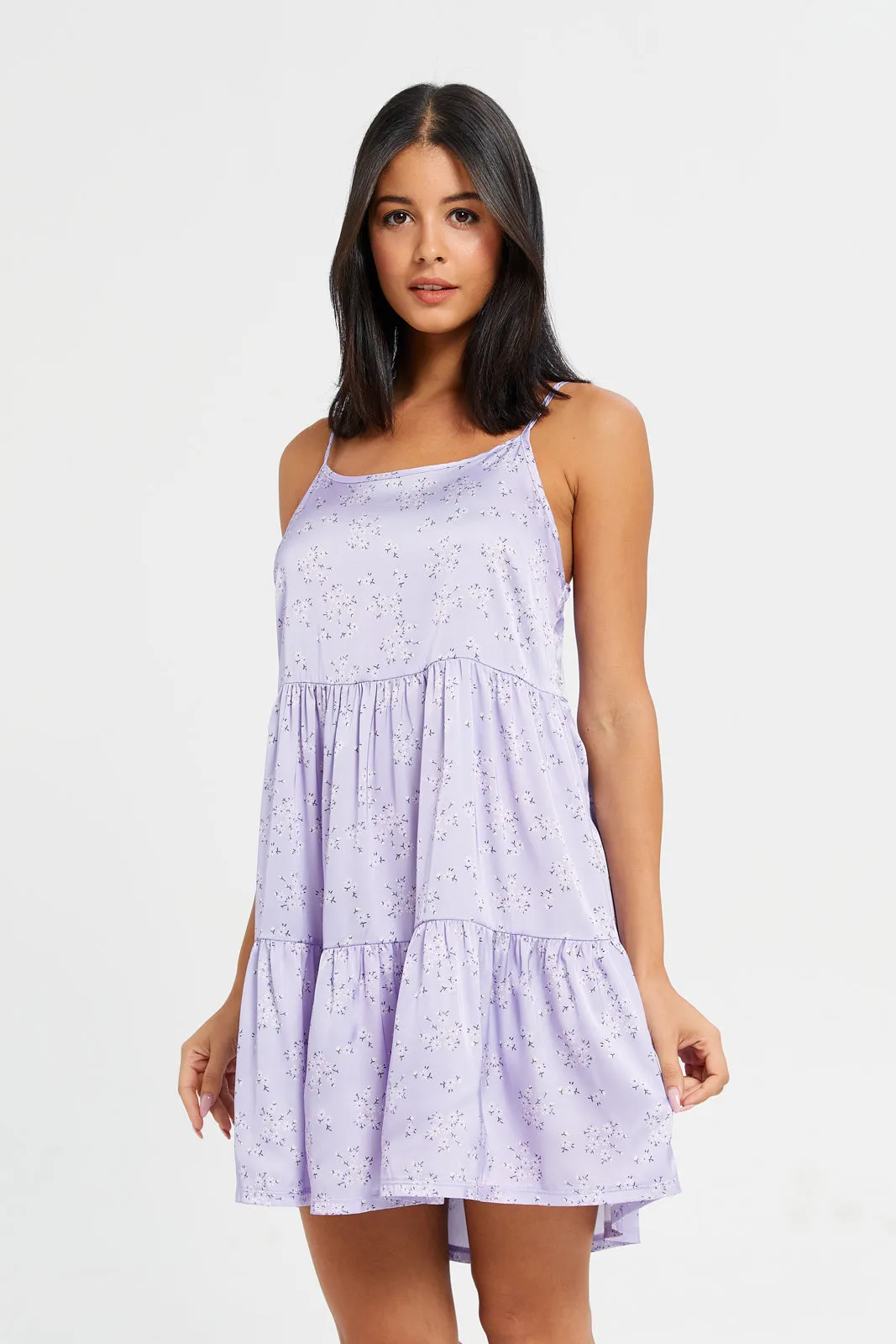 Women Lilac Floral Printed Satin Chemise sold by Redtag