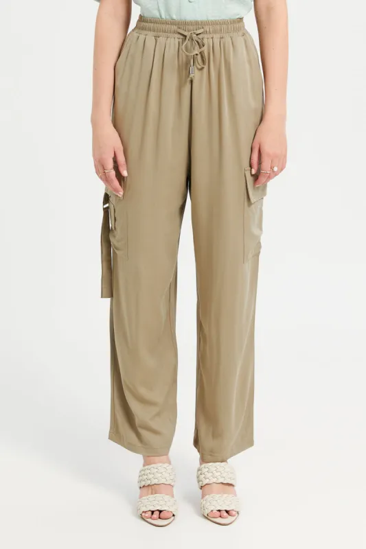 Women Beige Cargo Pocket Detailed Wide Leg Trouser sold by Redtag