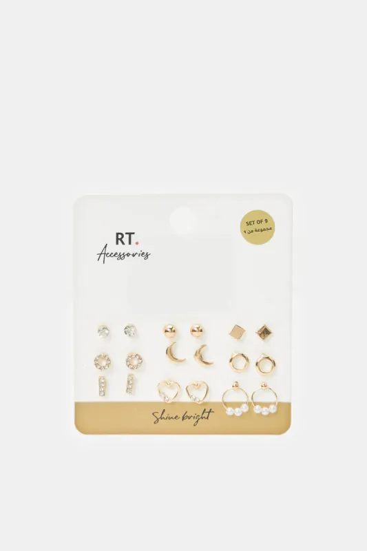 Women Gold Embellished Earrings Set (9 Pairs) sold by Redtag