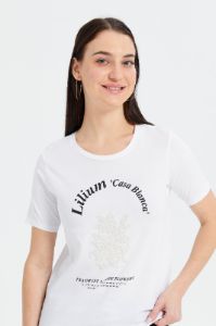 Women White Floral Pearl Embellished T-Shirt sold by Redtag