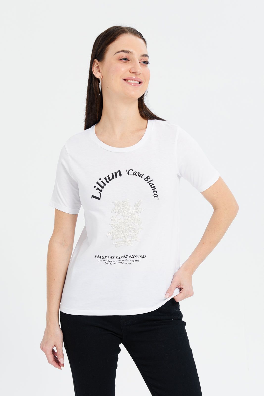 Women White Floral Pearl Embellished T-Shirt sold by Redtag