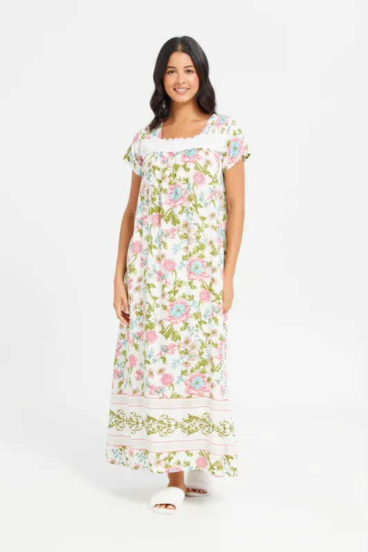 Women Ivory Printed Lace Nightgown sold by Redtag