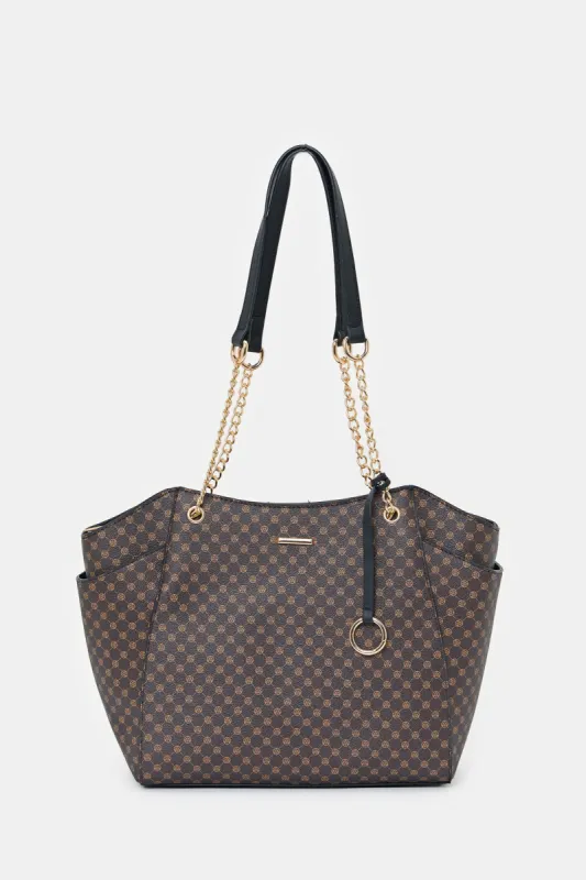 Women Brown And Black Monogram Print Tote Bag sold by Redtag