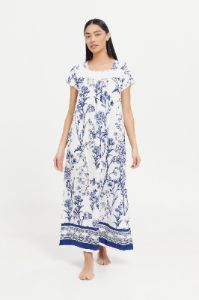 Women White And Blue Printed Nightgown sold by Redtag