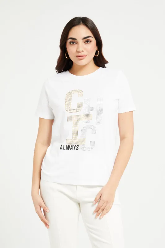 Women White Rhinestones Embellished T-Shirt sold by Redtag