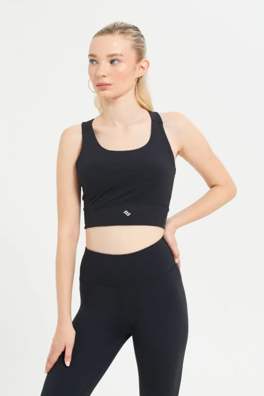Black Placement Print Padded Sports Bra sold by Redtag
