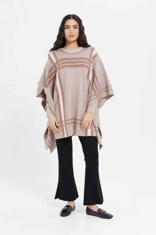 Women Beige Jacquard Poncho Pullover sold by Redtag