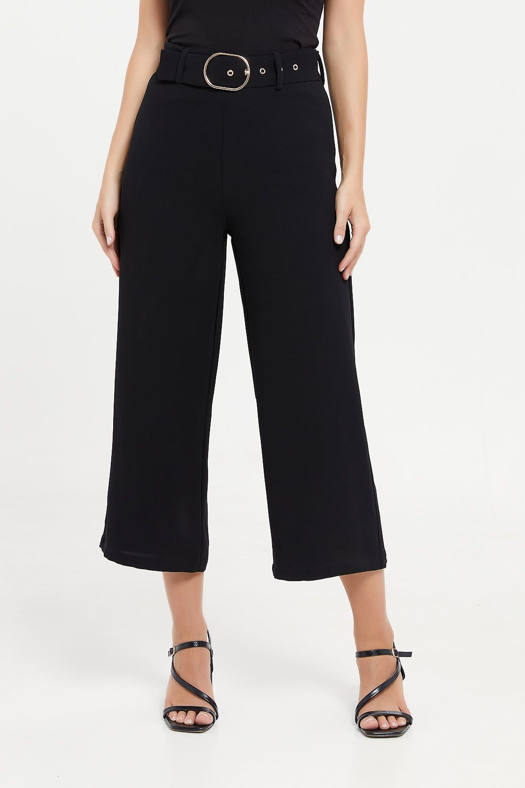 Women Black Cropped Wide Leg Trouser With Belt sold by Redtag