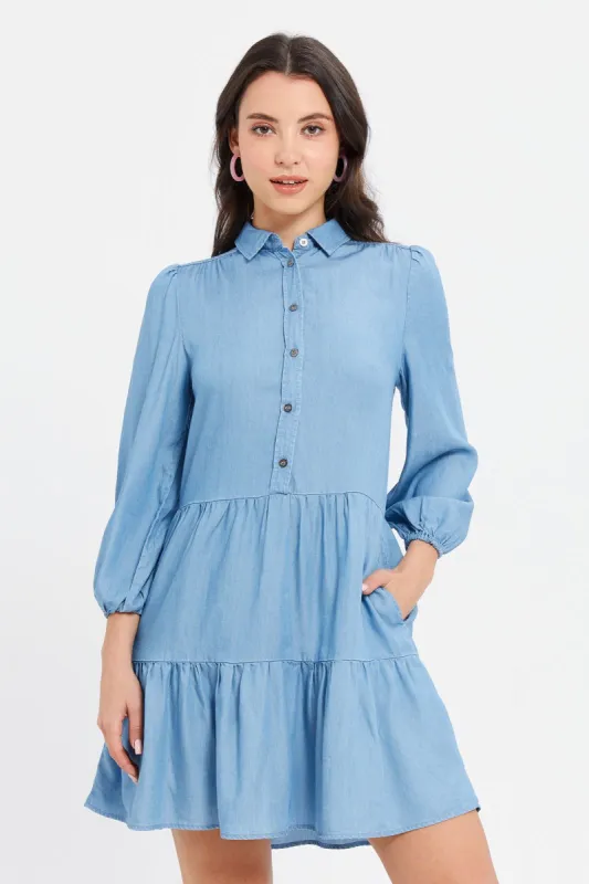Women Blue Denim Tier Dress sold by Redtag