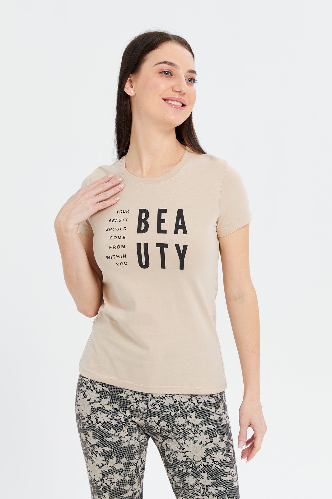 Women Beige Beauty Printed T-Shirt sold by Redtag