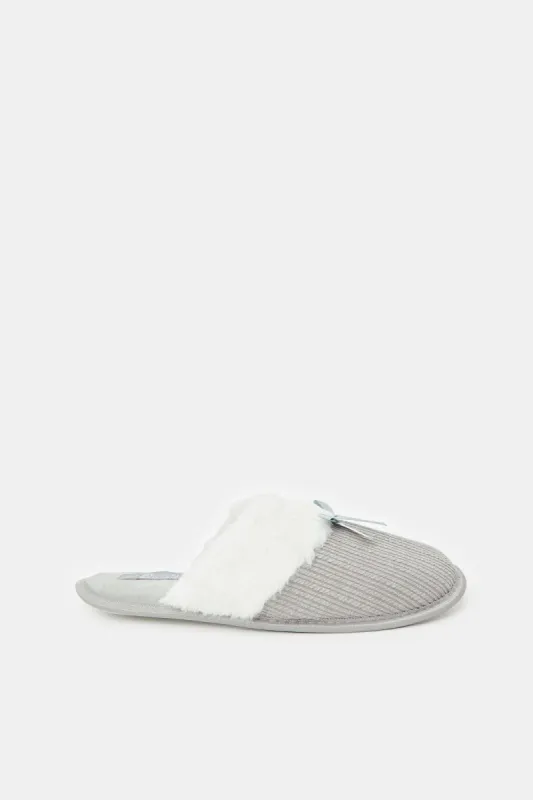 Women Grey Fur Trim Slippers sold by Redtag
