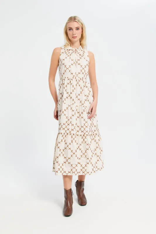 Women Beige Embroidered Sleeveless Tiered Dress sold by Redtag