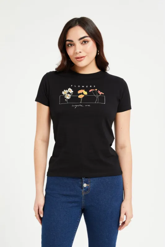 Women Black Floral Printed T-Shirt sold by Redtag