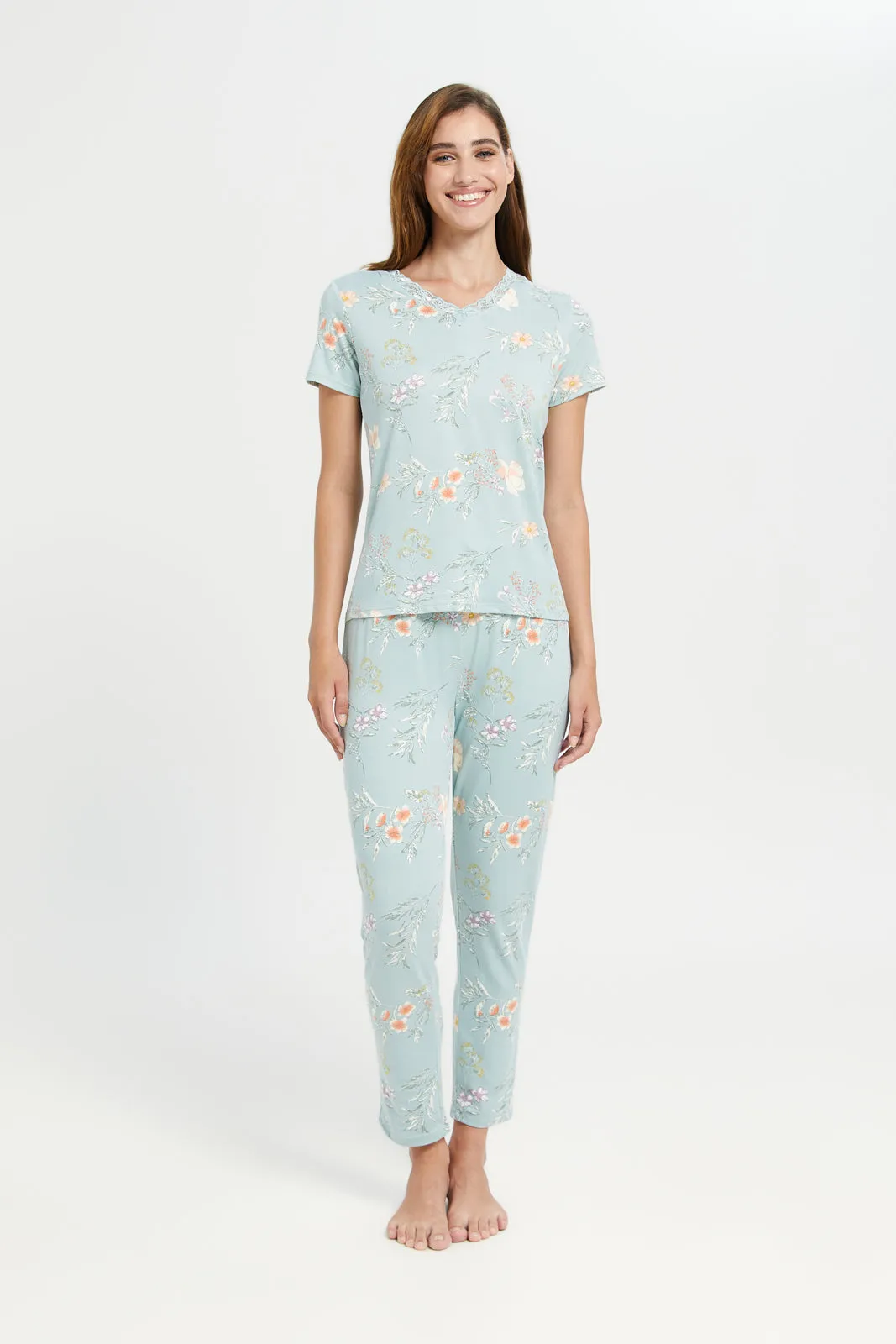 Women Blue Floral Short Sleeves Pyjama Set (2 Piece) sold by Redtag