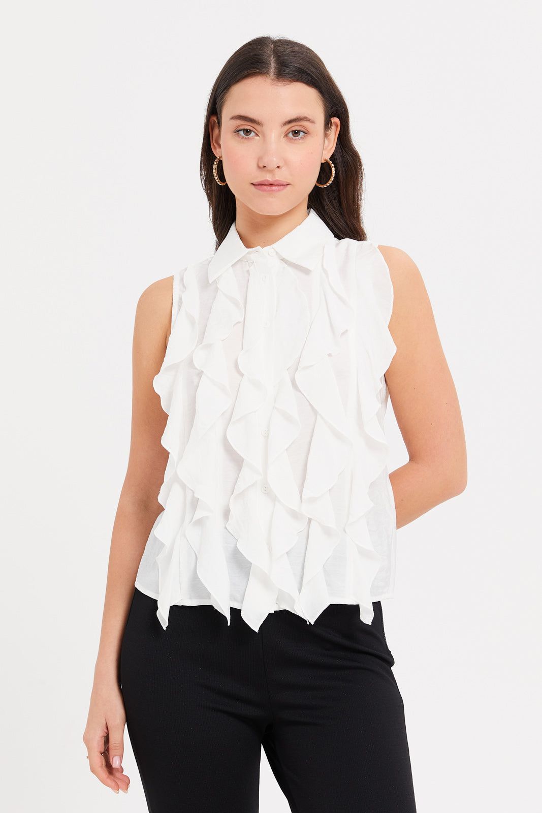 Women White Full Ruffled Front Top sold by Redtag