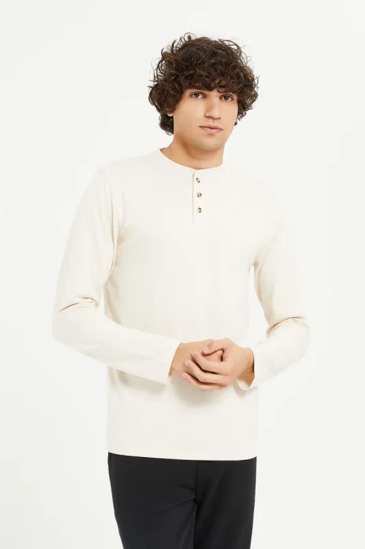 Men Ecru Long Sleeve Henley sold by Redtag