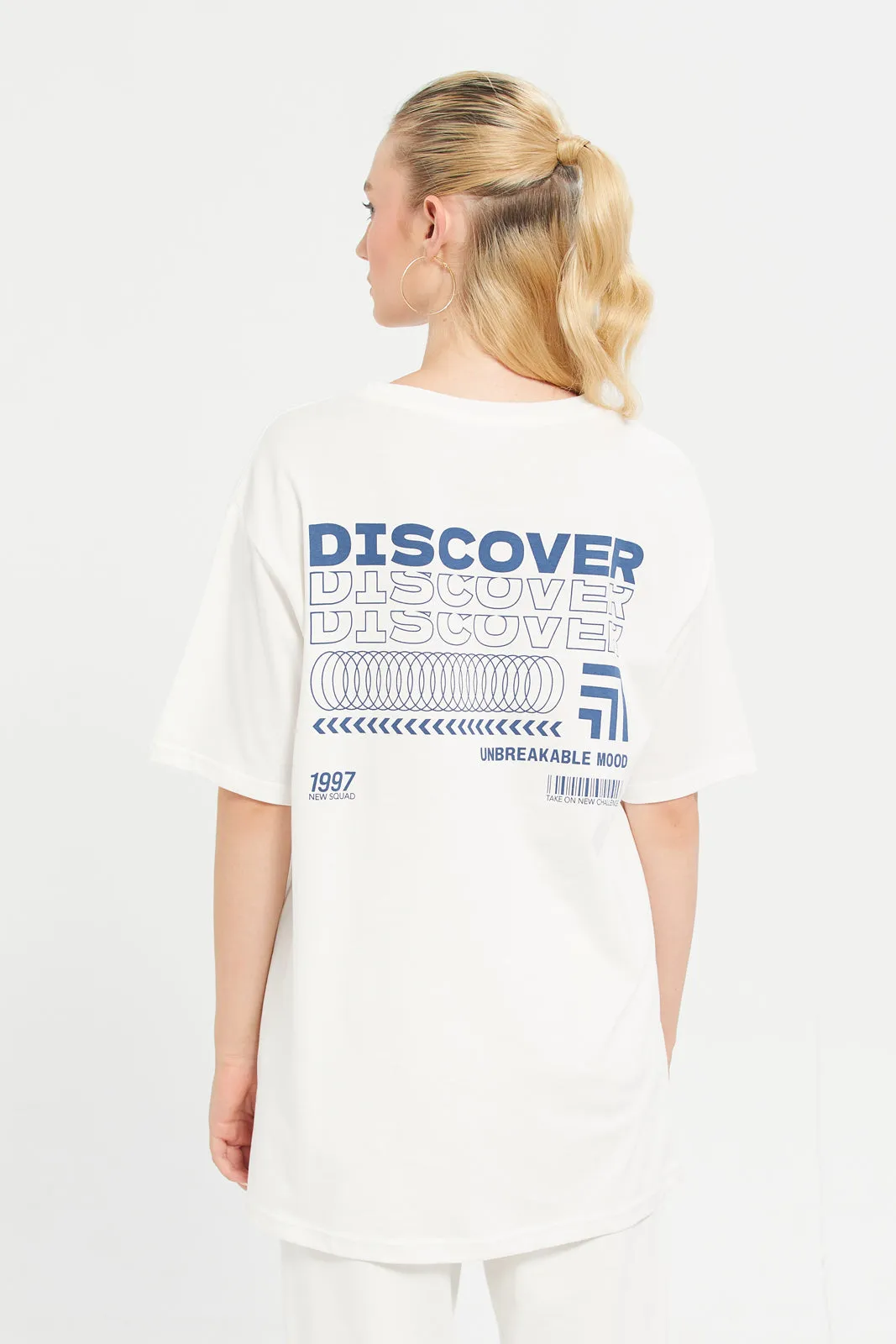 Women White Oversized Placement Print T-Shirt sold by Redtag product image thumbnail 3
