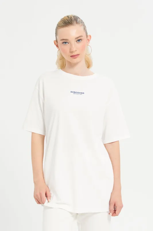 Women White Oversized Placement Print T-Shirt sold by Redtag