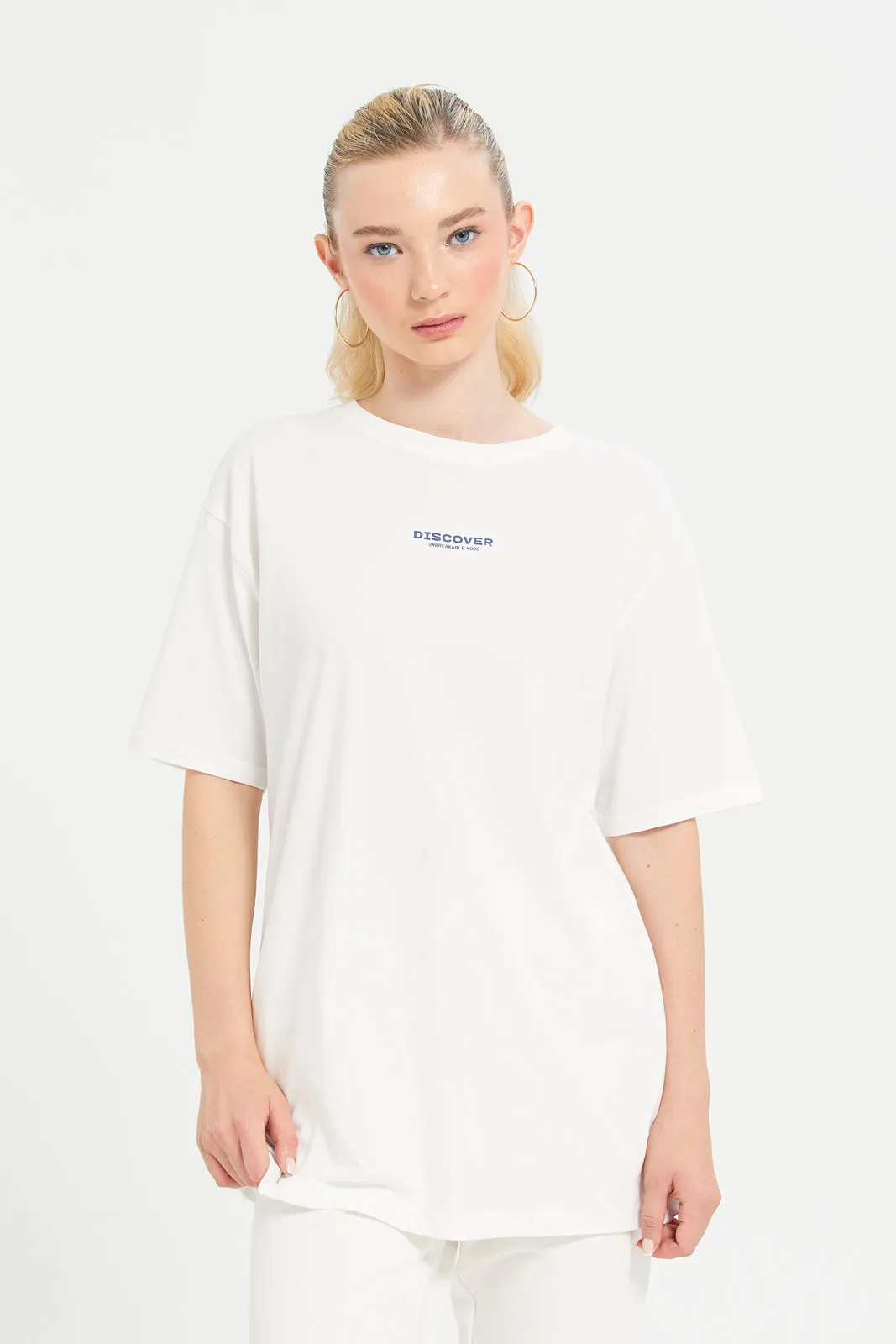 Women White Oversized Placement Print T-Shirt sold by Redtag