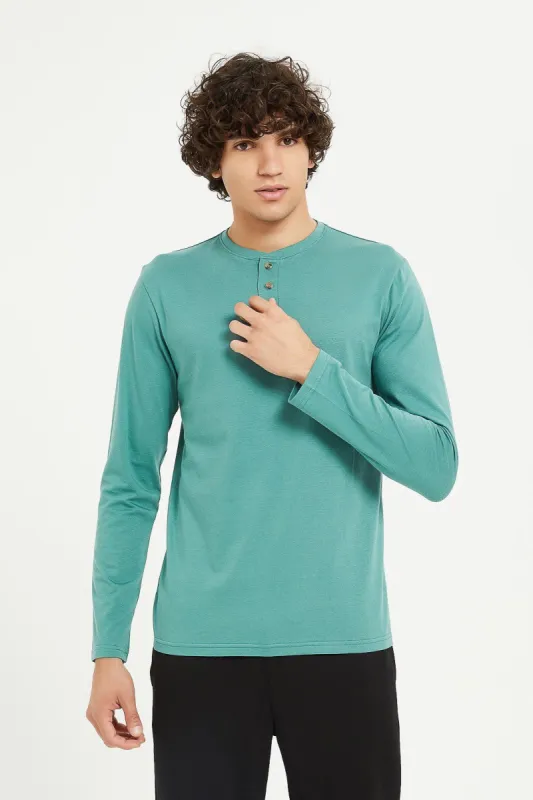 Men Green Long Sleeve Henley Shirt sold by Redtag