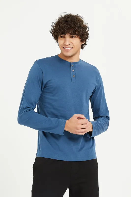 Men Plain Blue Long Sleeve Henley sold by Redtag