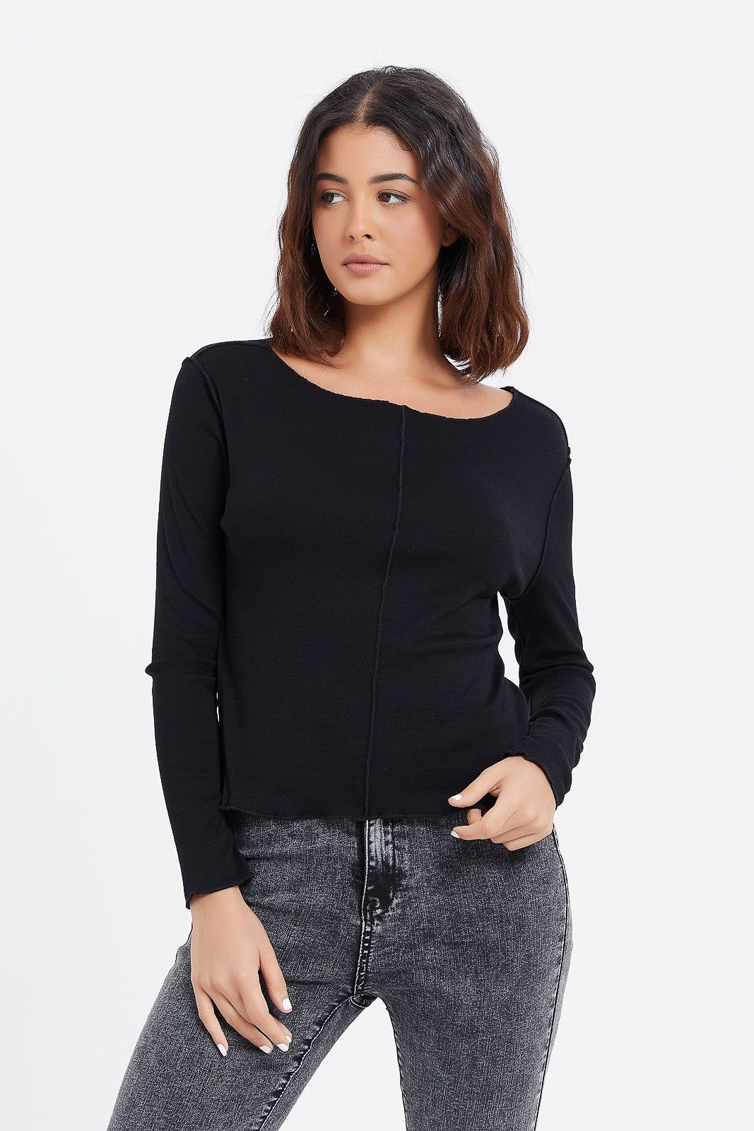 Women Black Exposed Seam Long Sleeves T-Shirt sold by Redtag