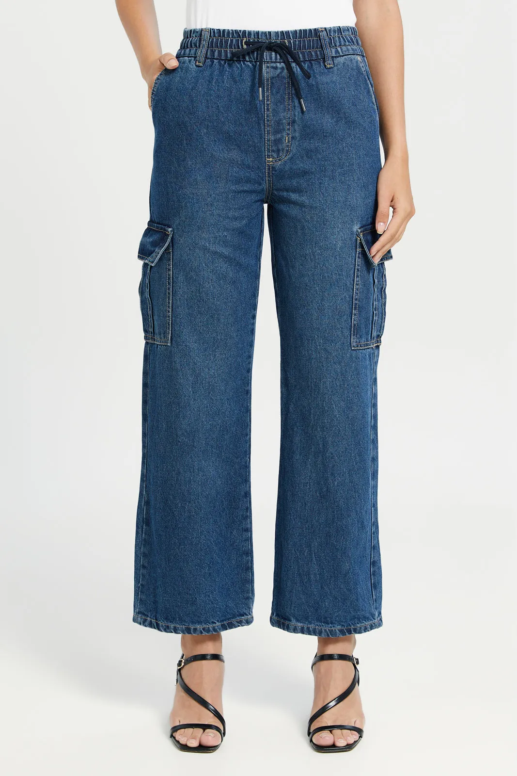 Women Navy Medium Wash Elasticated Waist Jeans-Straight Fit sold by Redtag