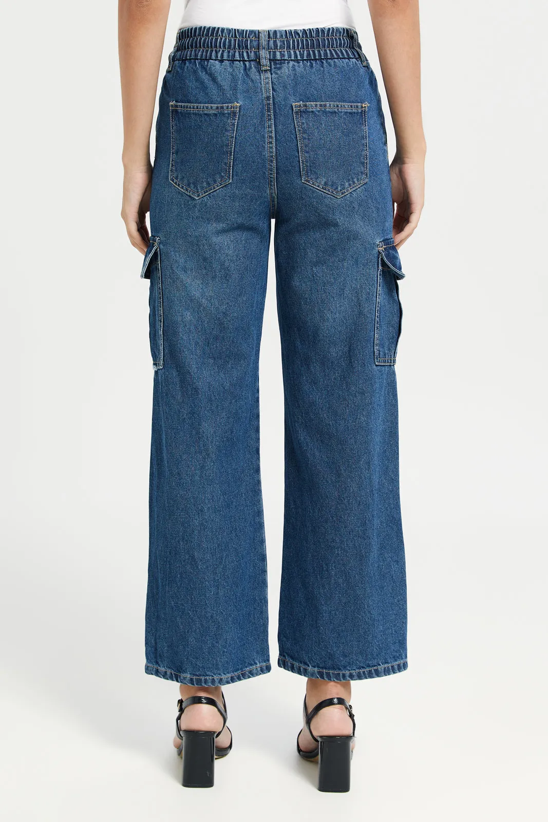 Women Navy Medium Wash Elasticated Waist Jeans-Straight Fit sold by Redtag product image thumbnail 3